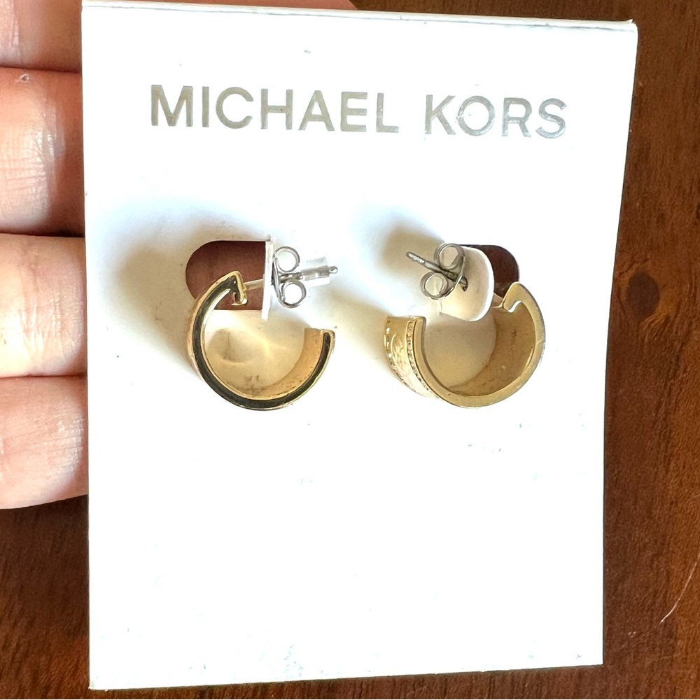NWT Michael Kors Pave Logo Gold Plated Crystal Open Huggie Earrings - Picture 3 of 6